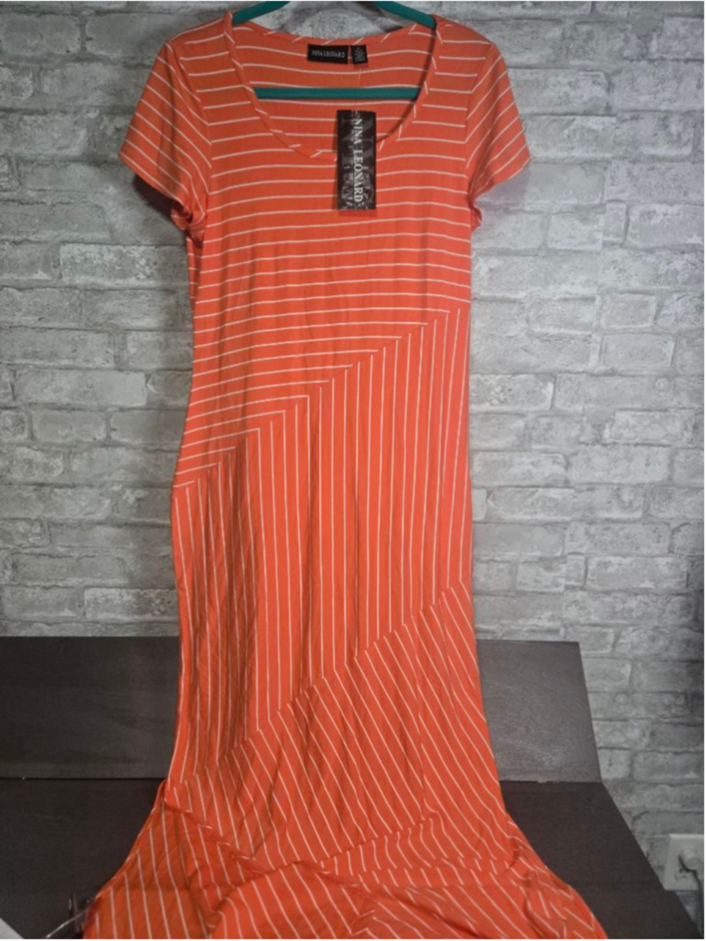 Women's NINA LEONARD Orange & White Stripe Maxi Dress M